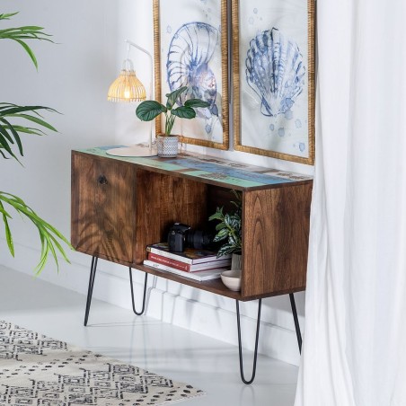 Buffet Bleu Marron Bois Métal Fer bois mindi 120 x 40 x 80 cm