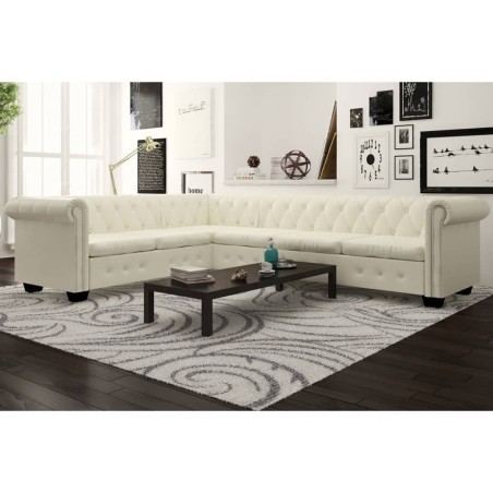 Canapé d'angle Chesterfield 6 places Cuir artificiel Blanc