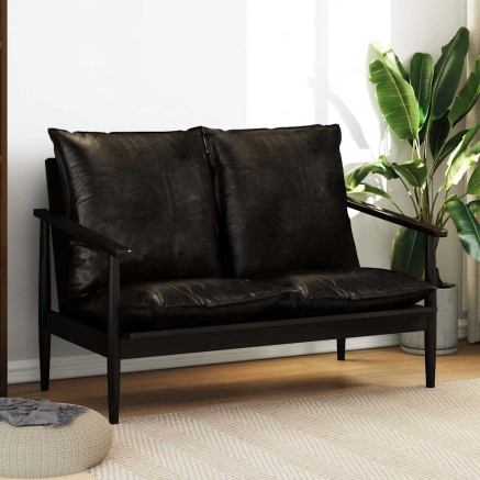Canapé à 2 places Cuir véritable avec bois d'acacia Noir