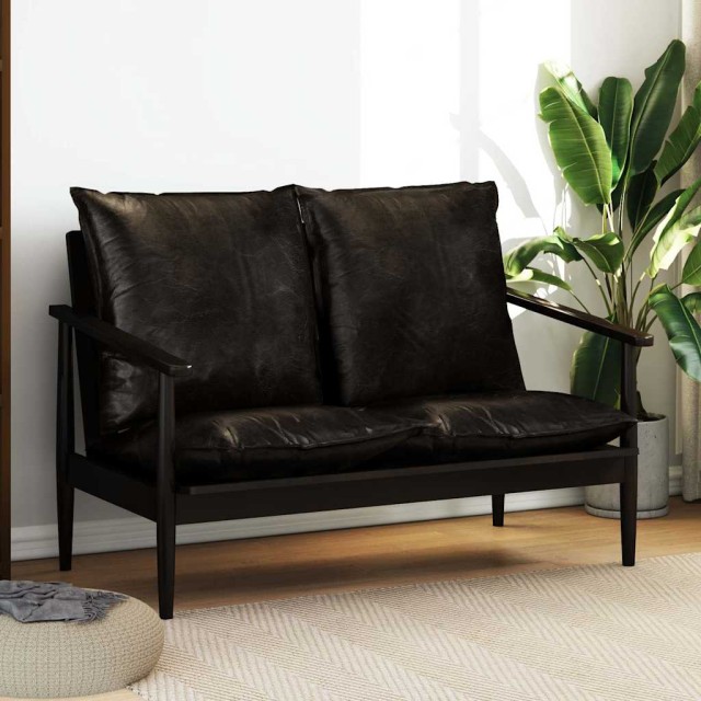 Canapé à 2 places Cuir véritable avec bois d'acacia Noir