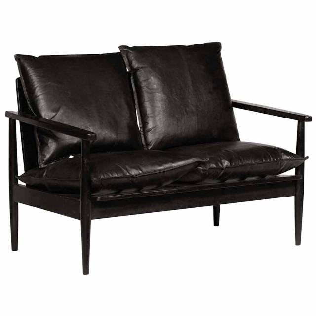 Canapé à 2 places Cuir véritable avec bois d'acacia Noir