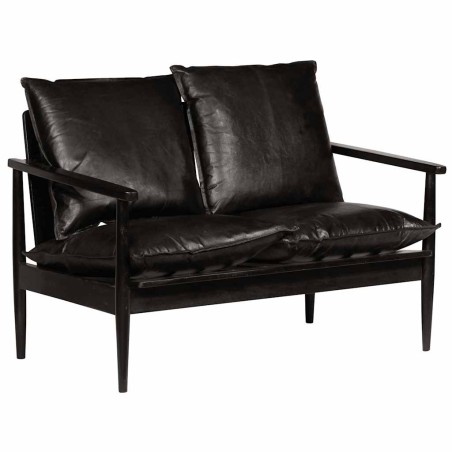 Canapé à 2 places Cuir véritable avec bois d'acacia Noir