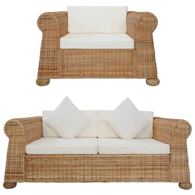 Ensemble de canapés avec coussins 2 pcs rotin naturel
