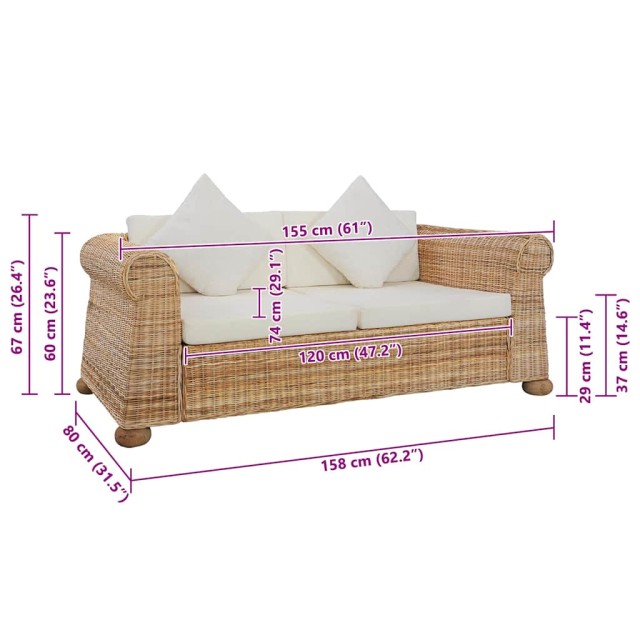Canapé à 2 places avec coussins Rotin naturel