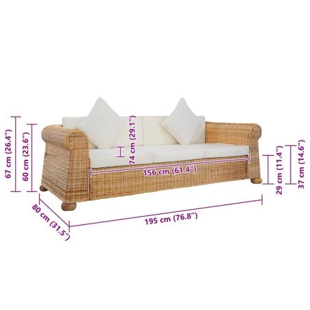 Canapé à 3 places avec coussins Rotin naturel