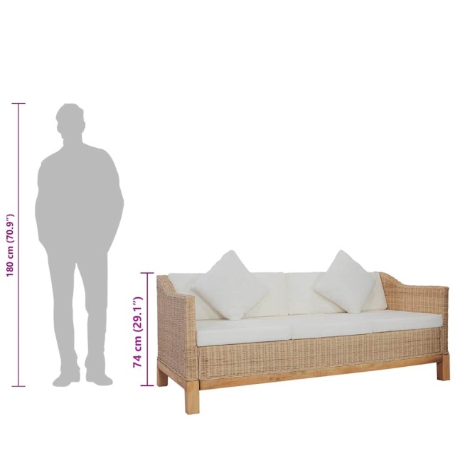Canapé à 3 places avec coussins Rotin naturel