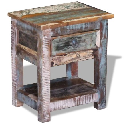 Table d'appoint 1 tiroir Bois de récupération massif 43x33x51cm 2