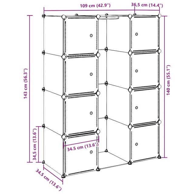Armoire modulaire 9 compartiments 109x36,5x143 cm blanc
