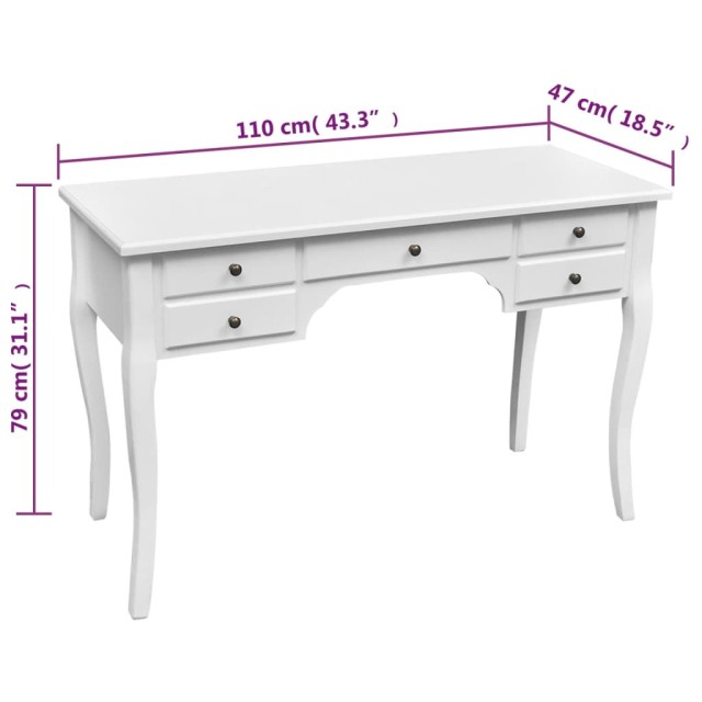 Bureau français en bois avec pieds courbés et 5 tiroirs