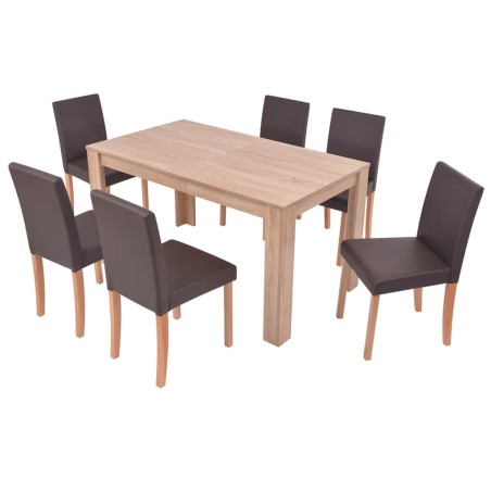 Table et chaises 7 pcs Cuir synthétique Chêne Marron