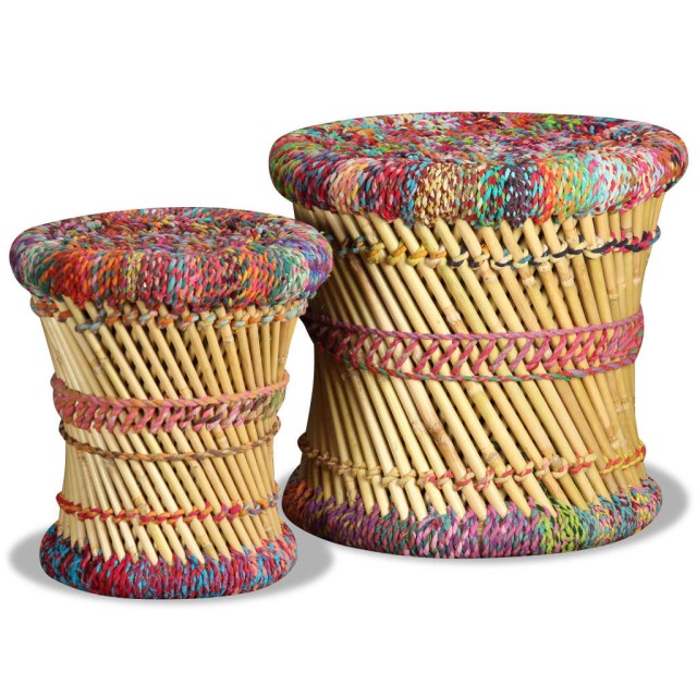 Tabourets avec détails chindi lot de 2 multicolore bambou