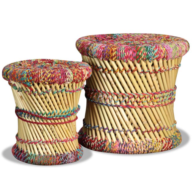 Tabourets avec détails chindi lot de 2 multicolore bambou