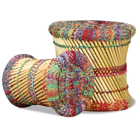 Tabourets avec détails chindi lot de 2 multicolore bambou