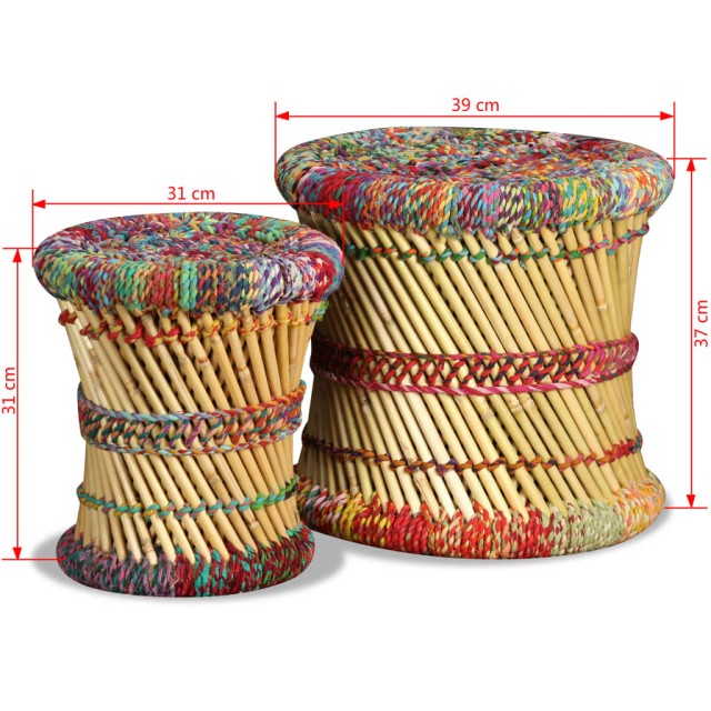 Tabourets avec détails chindi lot de 2 multicolore bambou
