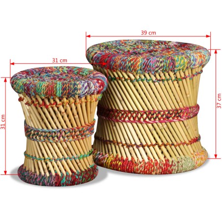 Tabourets avec détails chindi lot de 2 multicolore bambou