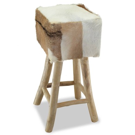 Tabouret de bar cuir de chèvre et bois de teck solide