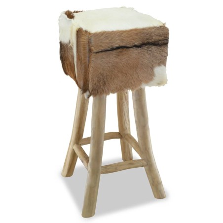 Tabouret de bar cuir de chèvre et bois de teck solide