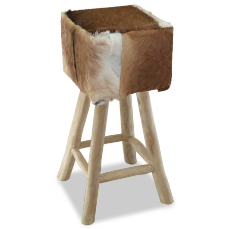 Tabouret de bar cuir de chèvre et bois de teck solide