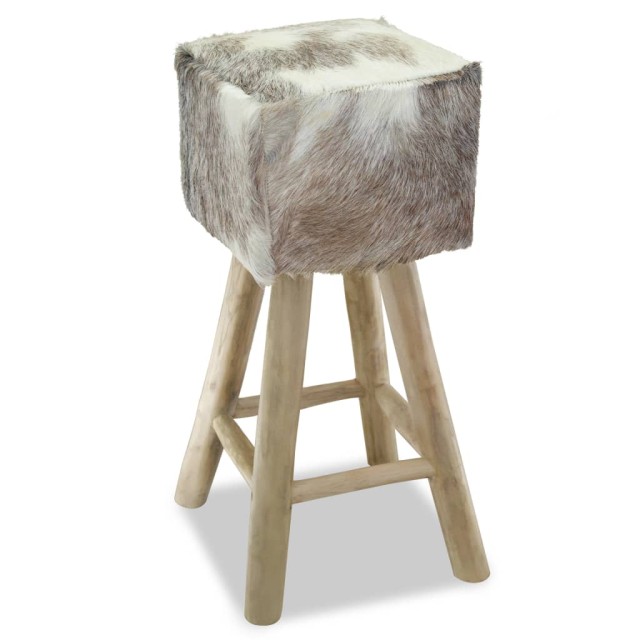 Tabouret de bar cuir de chèvre et bois de teck solide