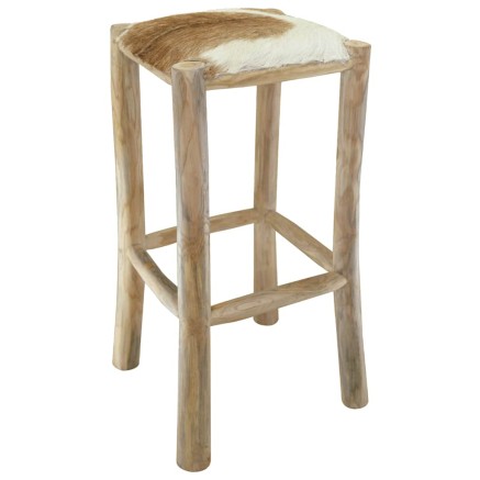 Tabouret de bar cuir de chèvre et bois de teck solide