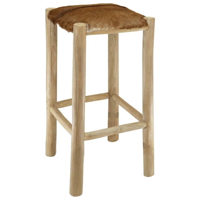 Tabouret de bar cuir de chèvre et bois de teck solide