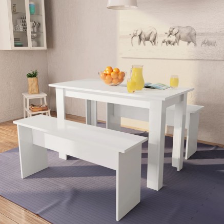 Table de salle à manger et bancs 3 pcs Bois d'ingénierie Blanc