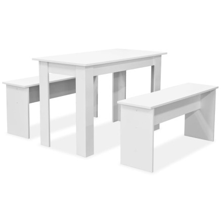 Table de salle à manger et bancs 3 pcs Bois d'ingénierie Blanc 2