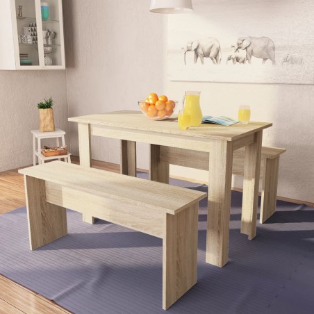 Table à manger et bancs 3 pcs Bois d'ingénierie Chêne