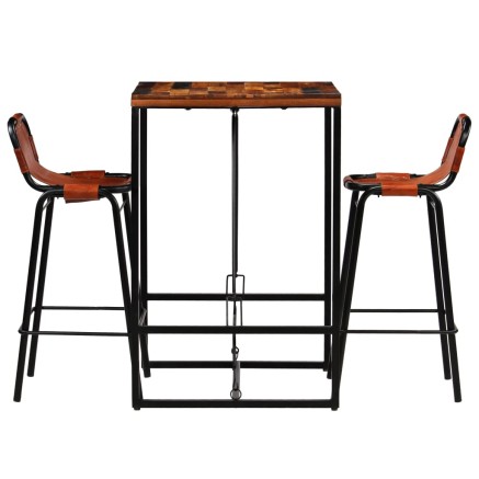 Ensemble de bar 3 pcs Bois massif recyclé et cuir de chèvre 2