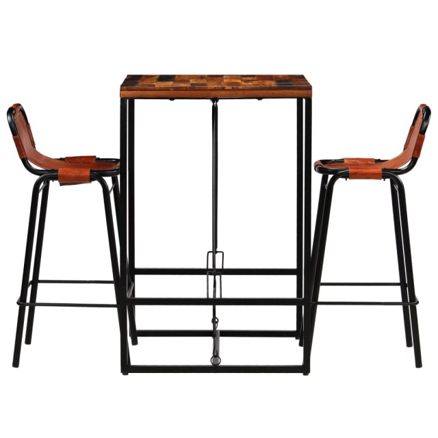 Ensemble de bar 3 pcs Bois massif recyclé et cuir de chèvre