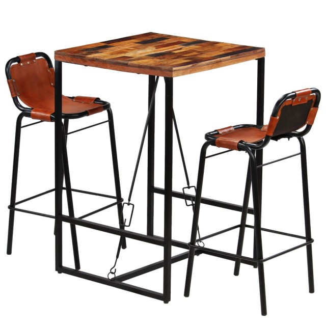 Ensemble de bar 3 pcs Bois massif recyclé et cuir de chèvre