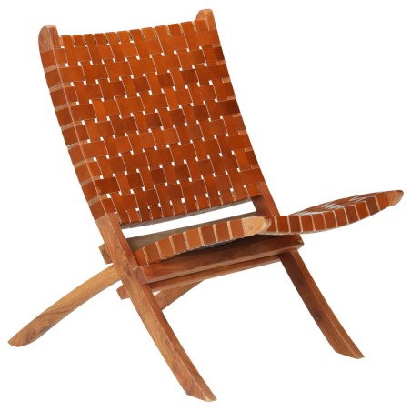 Chaise pliable bandes croisées marron cuir véritable
