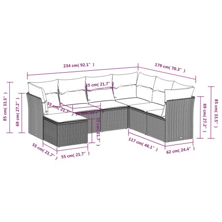 Salon de jardin 7 pcs avec coussins noir résine tressée
