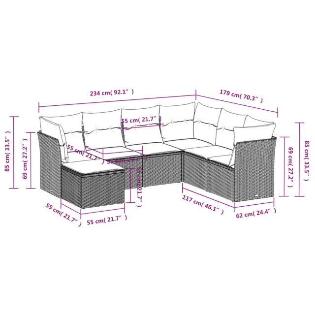 Salon de jardin avec coussins 7 pcs gris résine tressée