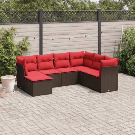 Salon de jardin avec coussins 7 pcs marron résine tressée