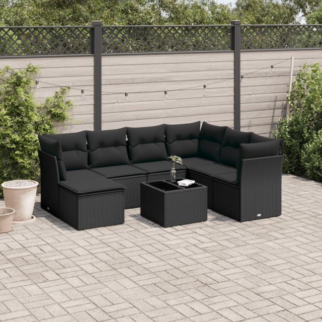 Salon de jardin 8 pcs avec coussins noir résine tressée