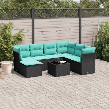 Salon de jardin 8 pcs avec coussins noir résine tressée