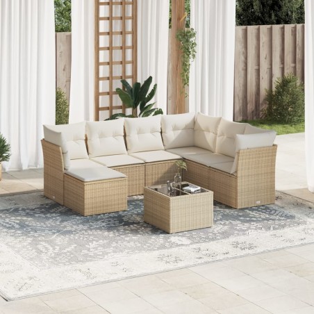 Salon de jardin avec coussins 8 pcs beige résine tressée