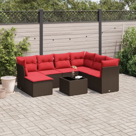 Salon de jardin 8 pcs avec coussins marron résine tressée