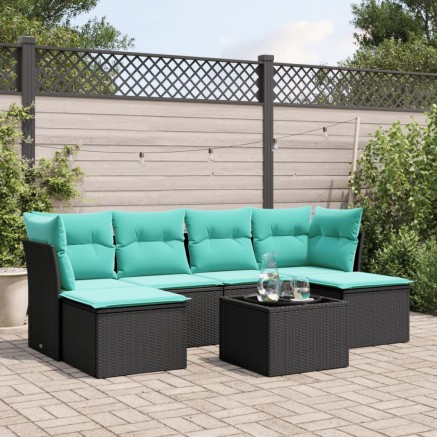 Salon de jardin 7 pcs avec coussins noir résine tressée