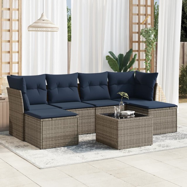 Salon de jardin 7 pcs avec coussins gris résine tressée