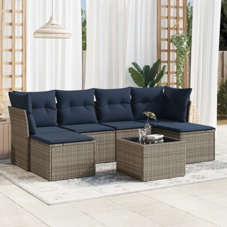Salon de jardin 7 pcs avec coussins gris résine tressée