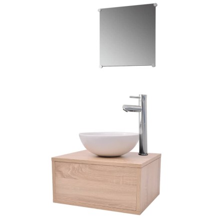 Meuble de salle de bain 4 pcs avec lavabo et robinet Beige 2