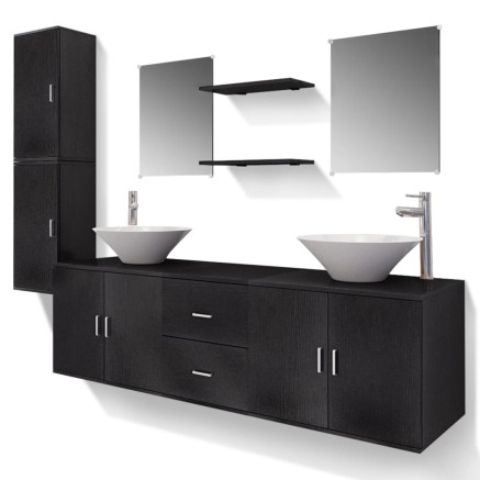 Meuble de salle de bain 11 pcs avec lavabo et robinet Noir 2