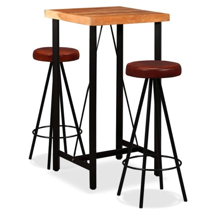Ensemble de bar 3 pcs Bois d'acacia massif et cuir véritable