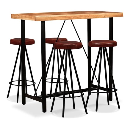Ensemble de bar 5 pcs Bois d'acacia massif et cuir véritable