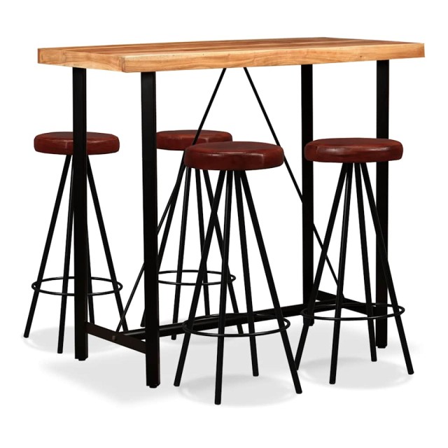 Ensemble de bar 5 pcs Bois d'acacia massif et cuir véritable