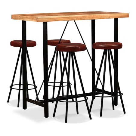 Ensemble de bar 5 pcs Bois d'acacia massif et cuir véritable