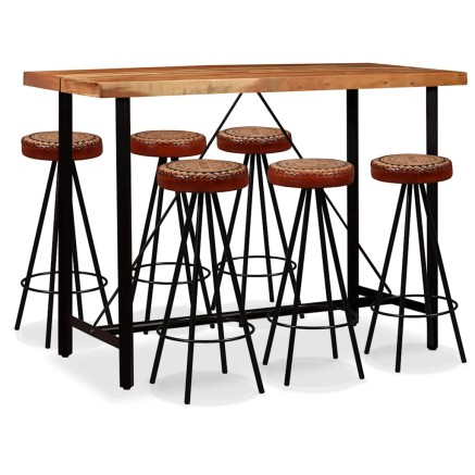 Ensemble de bar 7 pcs Bois d'acacia Cuir véritable et toile