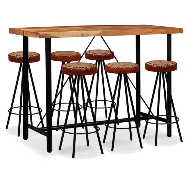 Ensemble de bar 7 pcs Bois d'acacia Cuir véritable et toile